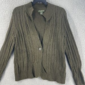 Eddie Bauer Womens Cardigan Sweater Grandpa Grandma Wool Blend Sz XL Olive Butto